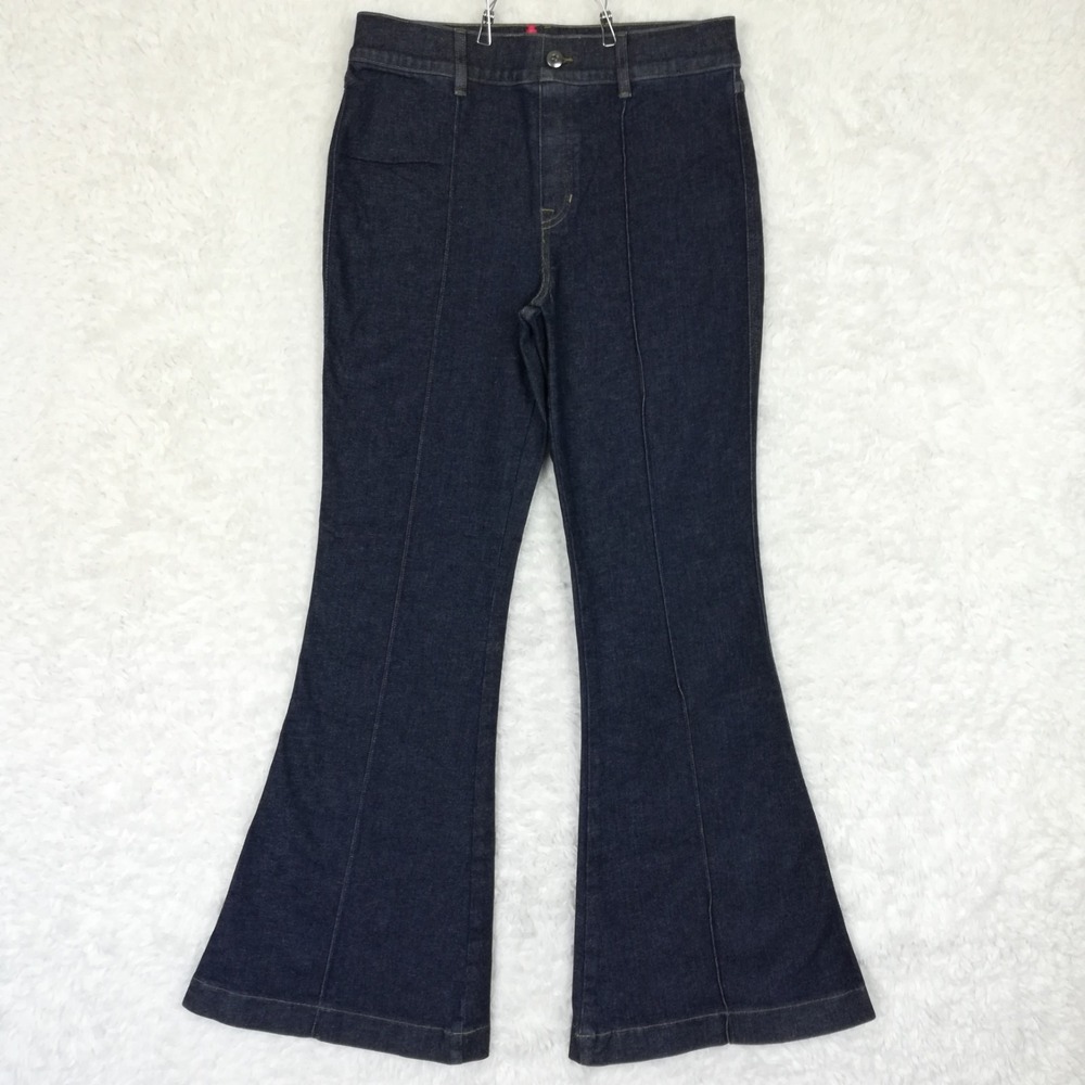 Spanx Womens Jeans Flare Leg Blue Denim Dark Wash Pintuck Seam Pull On High L